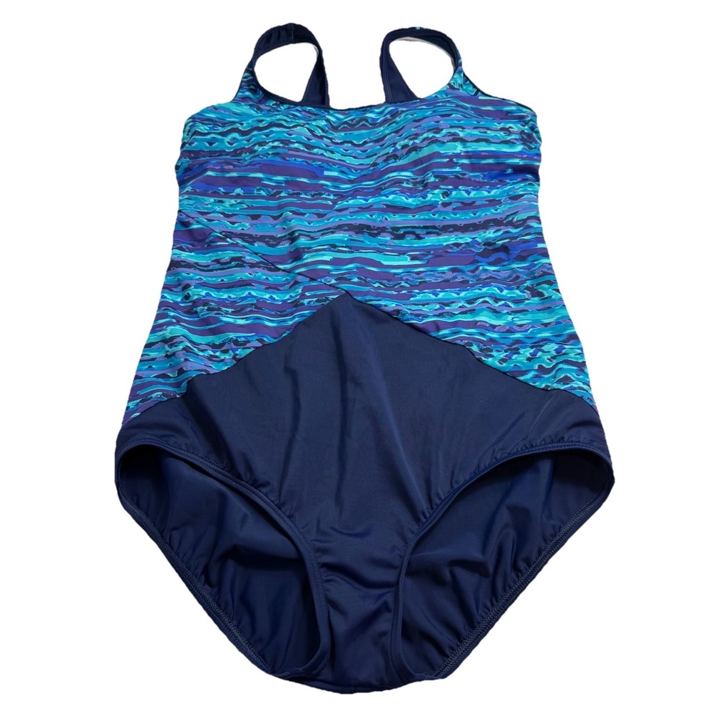 Lands End Aqua Navy Blue One Piece Soft Cup Tugless Sporty Swimsuit Size‎ 14 - Picture 6 of 12